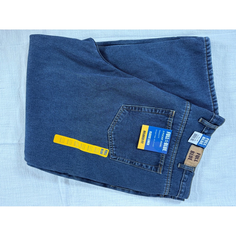 Full Blue Mens Fleece Lined Relaxed Fit 5 Pocket Jeans Dark Wash 46x30‎ NEW
